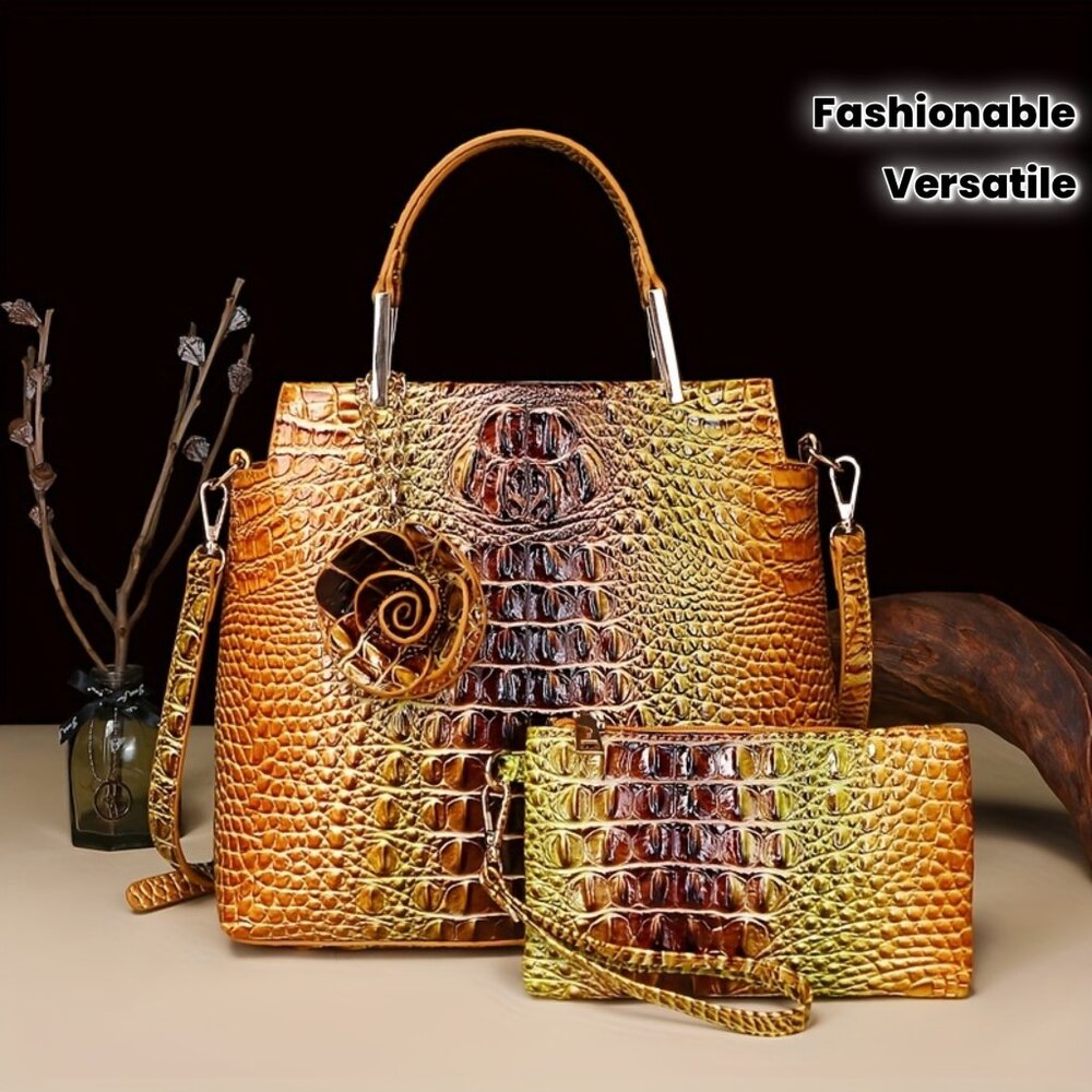 Vintage Inspired Crocodile Pattern 2 Bag Set W/ Removable Strap Vegan Leather - Picture 3 of 4